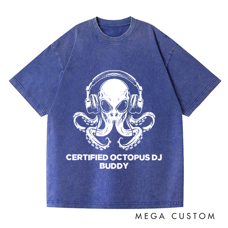 Personalized Washed T-Shirts Unique Octopus DJ Music Lover and Cool Octopus DJ Headphones Art T-Shirt