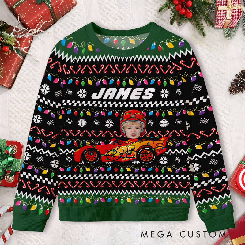 Personalized Kid Face Car Toy Festive Christmas Lights and Name with Santa Joy Ugly Sweater Shirt