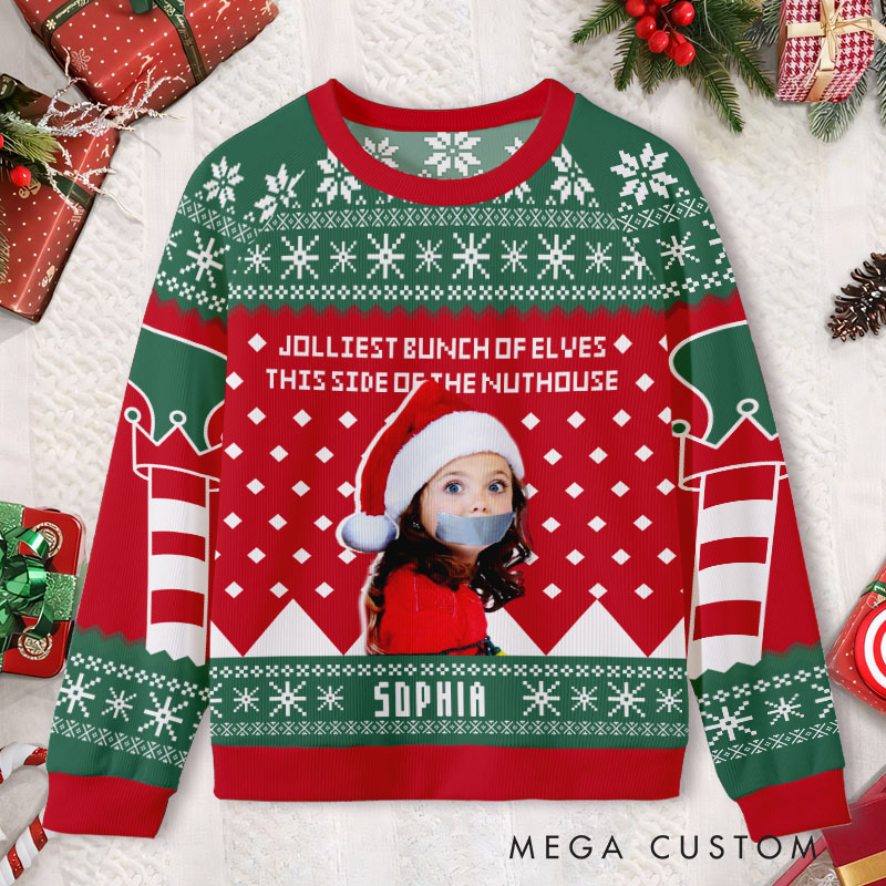 Personalized Cheerful Elf Squad Custom Photo and Name Festive Holiday Spirit Ugly Sweater Shirt