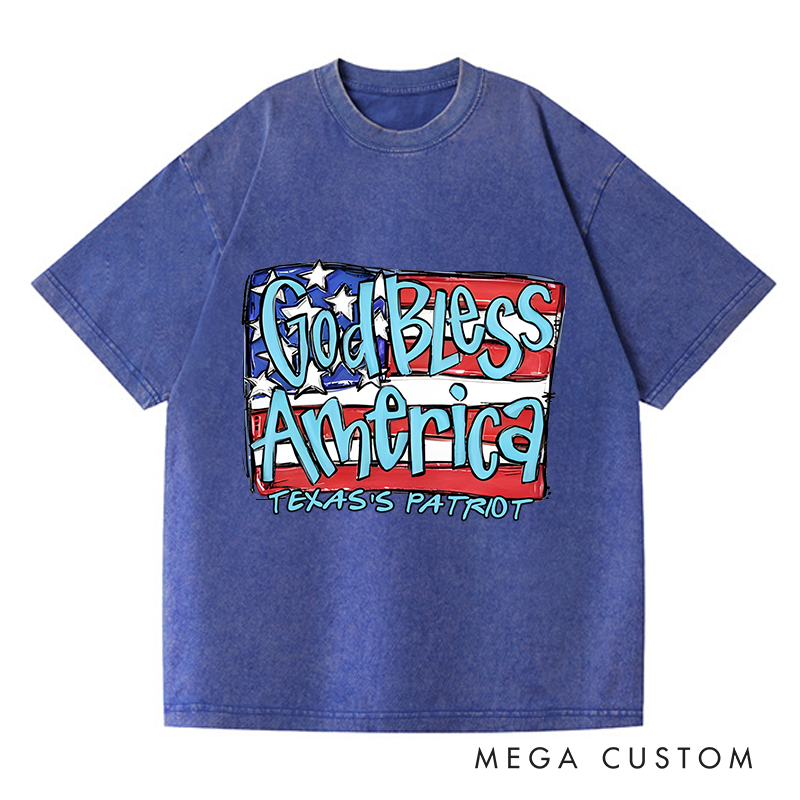 Personalized Washed T-Shirts God Bless America Patriotic and Red White and Blue American Flag T-Shirt