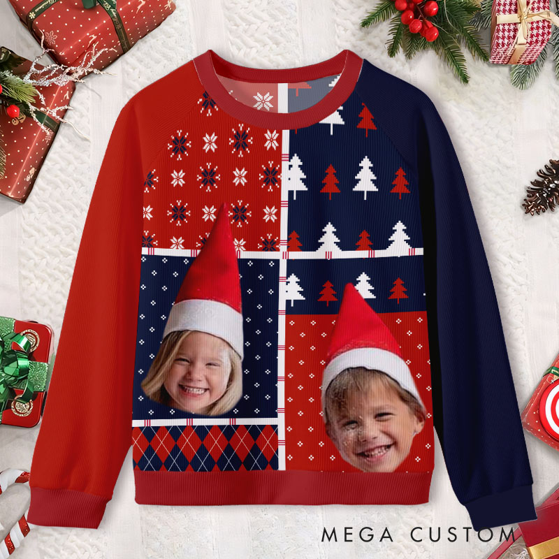 Personalized Red and Blue Christmas Tree with Custom Photo Cheerful Celebration Ugly Sweater Shirt