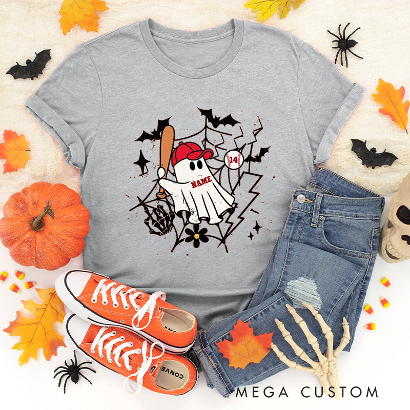 Personalized Halloween Ghost Baseball T-Shirt with Custom Name and Number 