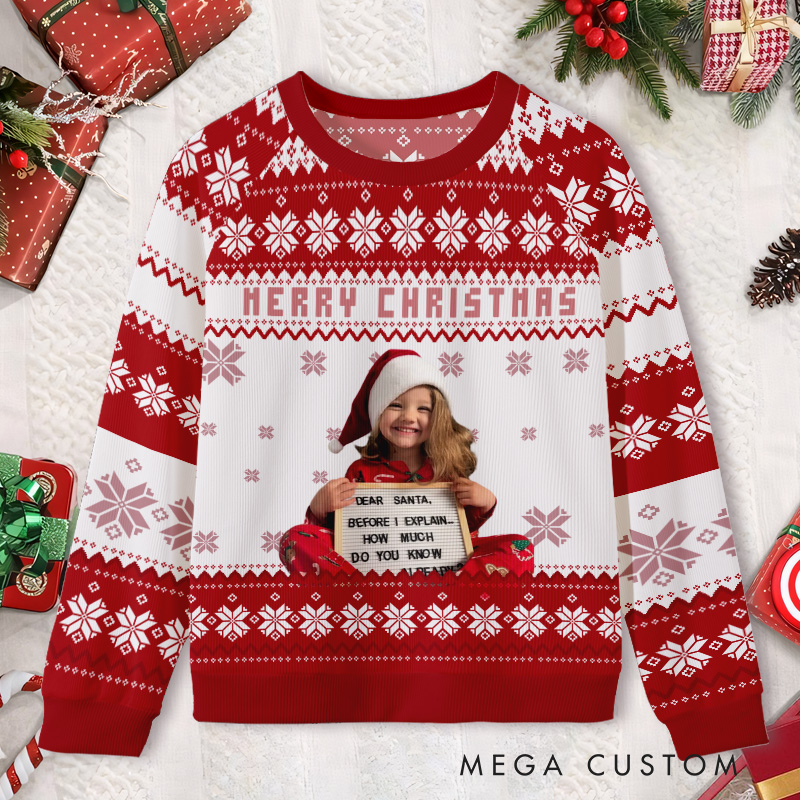 Personalized Merry Christmas Snowflake Pattern with Custom Photo Festive Red and White Cheer Ugly Sweater Shirt