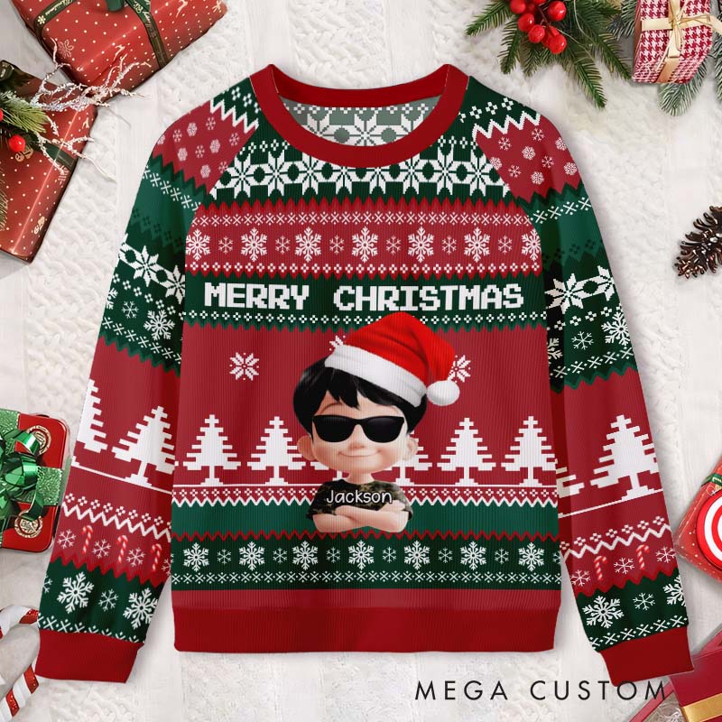 Personalized Merry Christmas Trees Festive Green and Red Ugly Sweater Shirt