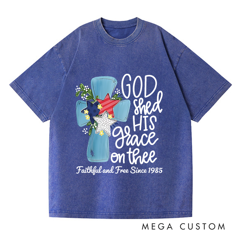 Personalized Washed T-Shirts God Shed His Grace on Thee Patriotic Cross T-Shirt