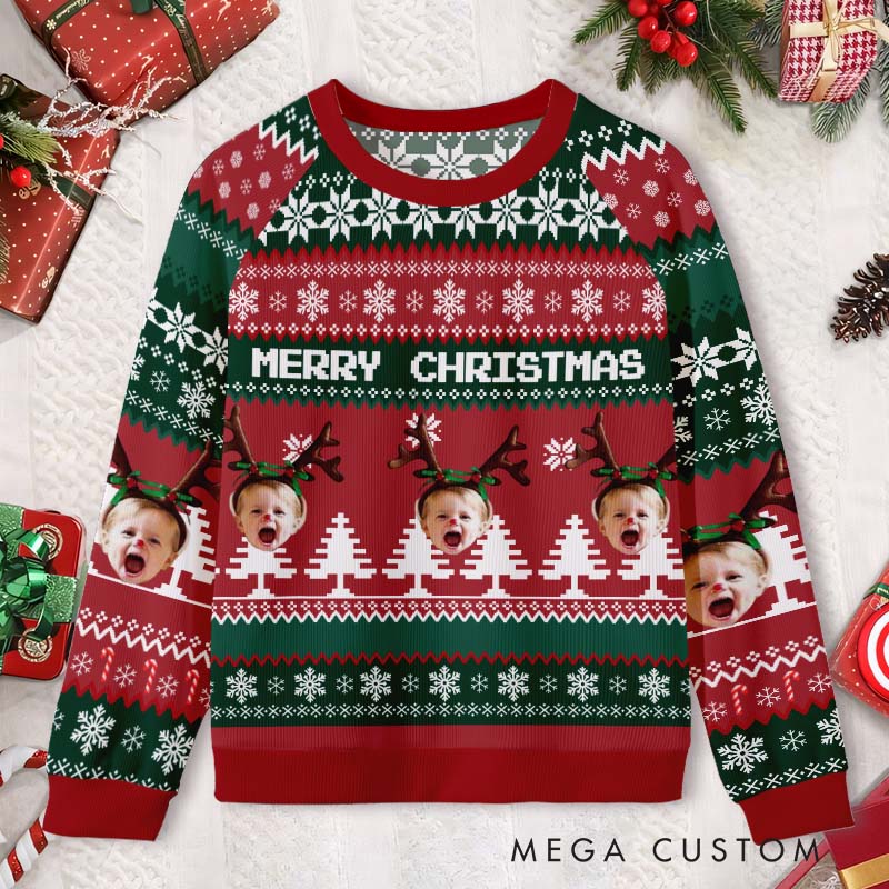 Personalized Reindeer Antlers with Custom Face Merry Christmas Cheer Ugly Sweater Shirt