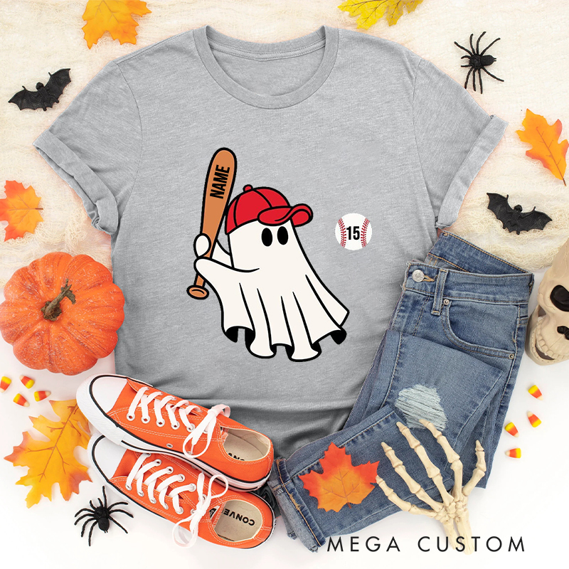Personalized Halloween T-Shirt with Ghost Holding Bat Custom Text 