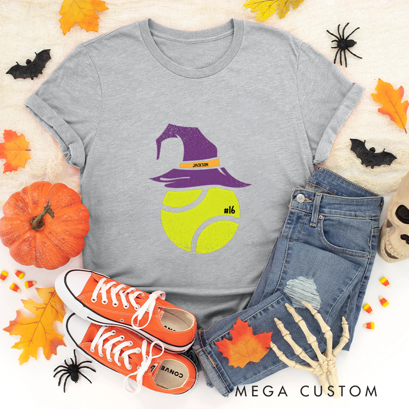 Personalized Halloween Tennis T-Shirt with Witch Hat, Custom Name, and Number