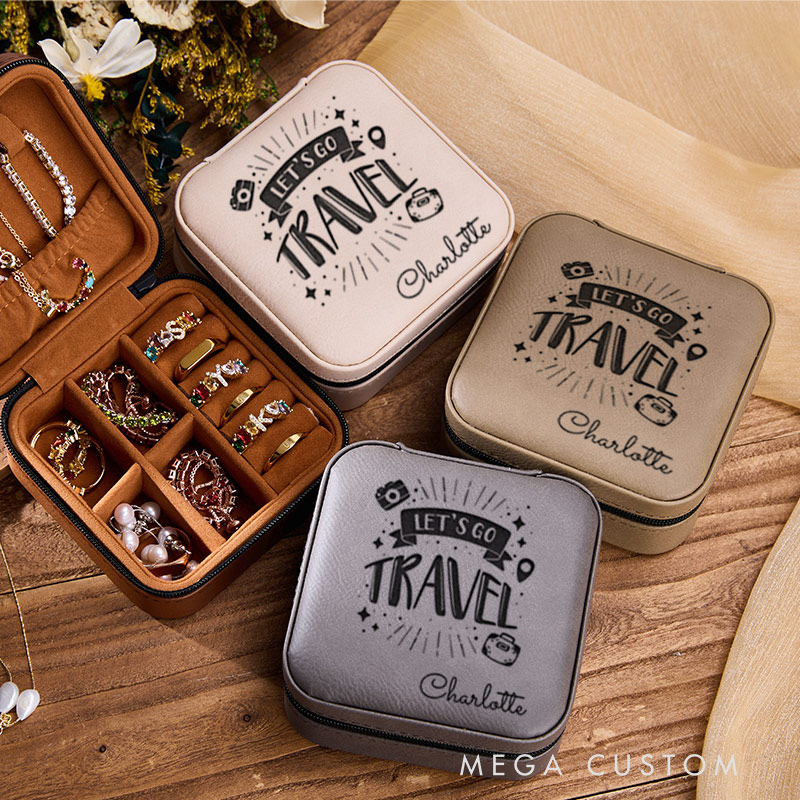 Personalized Let's Go Travel Jewelry Box for Traveling Lovers Travel Jewelry Box Leather Jewelry Case