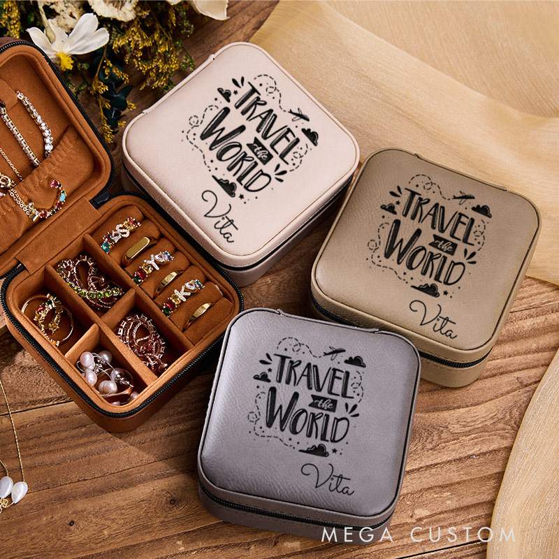 Personalized Travel the World Jewelry Box for Traveling Lovers Travel Jewelry Box Leather Jewelry Case