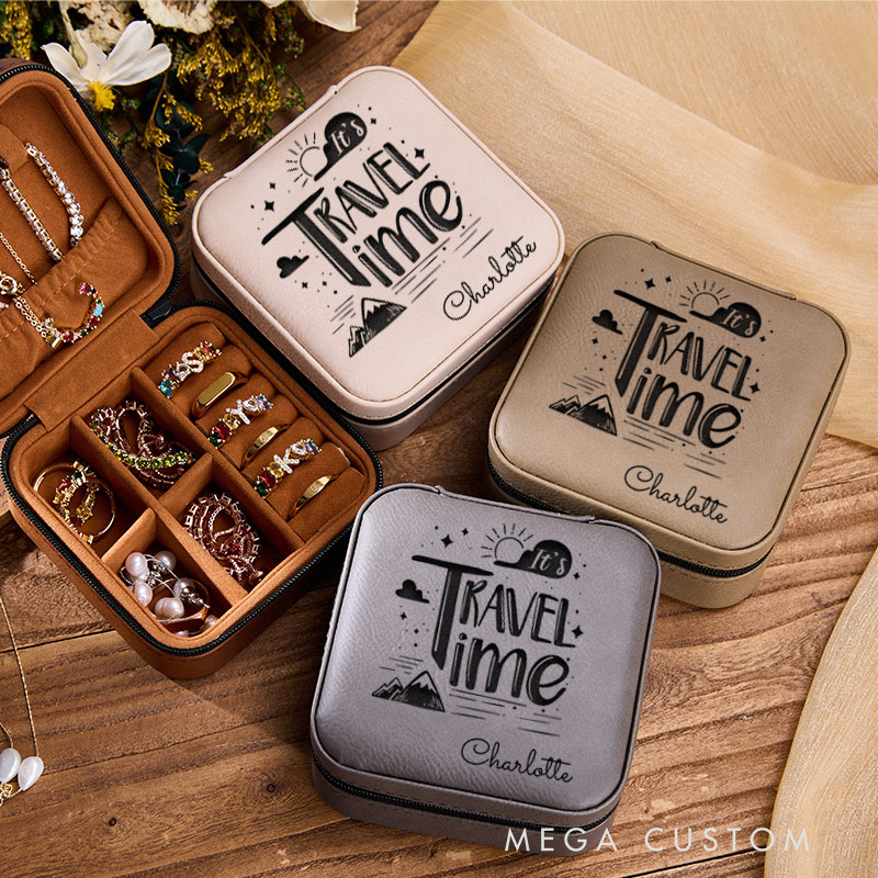 Personalized It's Travel Time Jewelry Box for Traveling Lovers Travel Jewelry Box Leather Jewelry Case