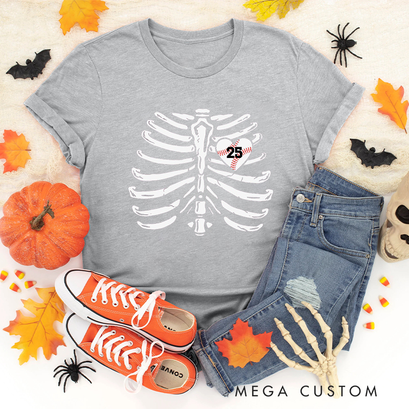 Personalized Custom Skeleton Ribcage T-Shirt with Custom Number and Heart Design  
