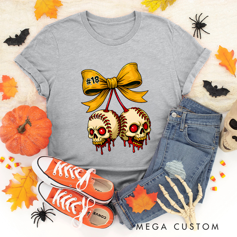 Personalized Halloween Themed Shirt with Skull Baseballs and Custom Number