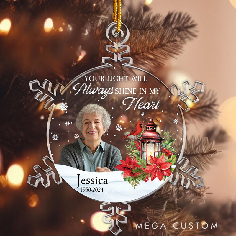 Personalized Memorial Photo Ornament Snowflakes Custom Your Light Will Always Shine Memorial Ornament Custom Acrylic Ornament 