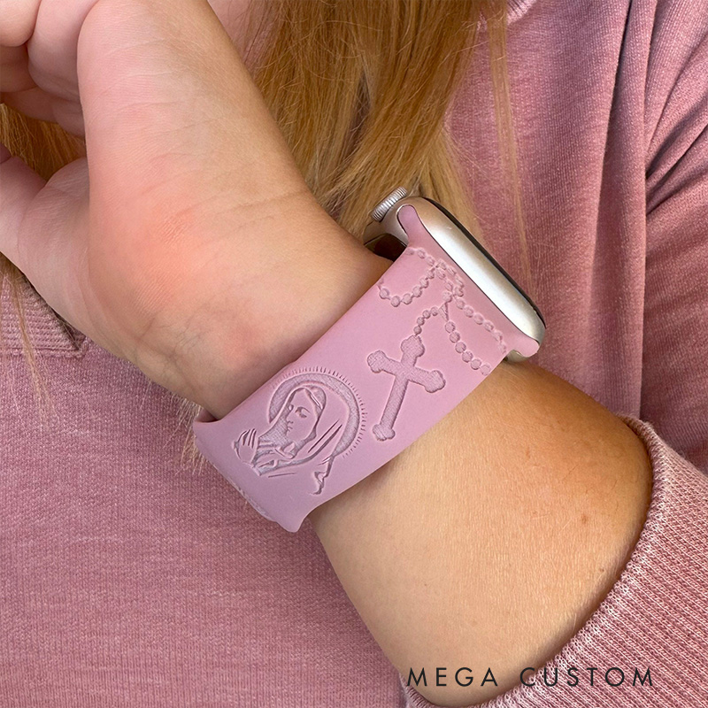 Personalized Virgin Mary with Cross Silicone Watch Band with Name for Apple Watch Religious Christian Gift for Her Mother’s Day Gift