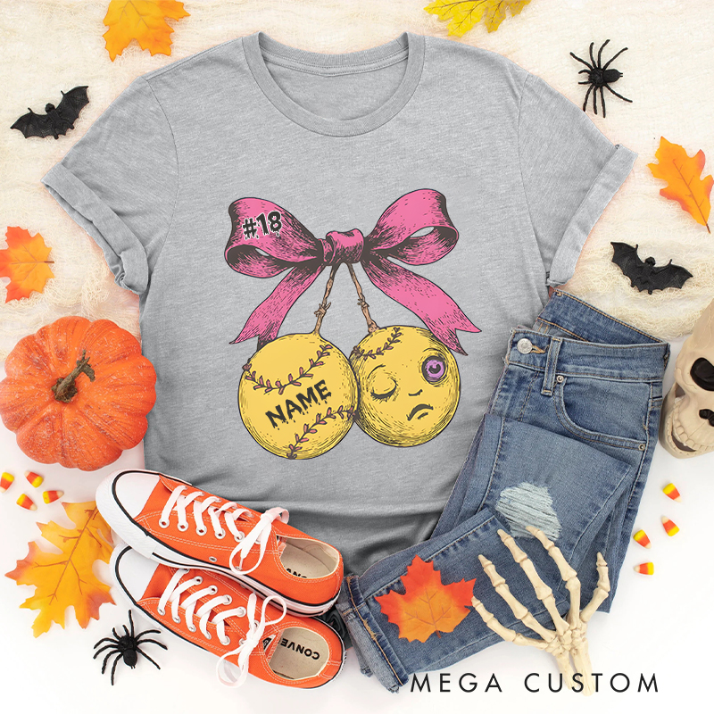Personalized Halloween Baseball T-Shirt with Custom Name and Pink Bow Design  