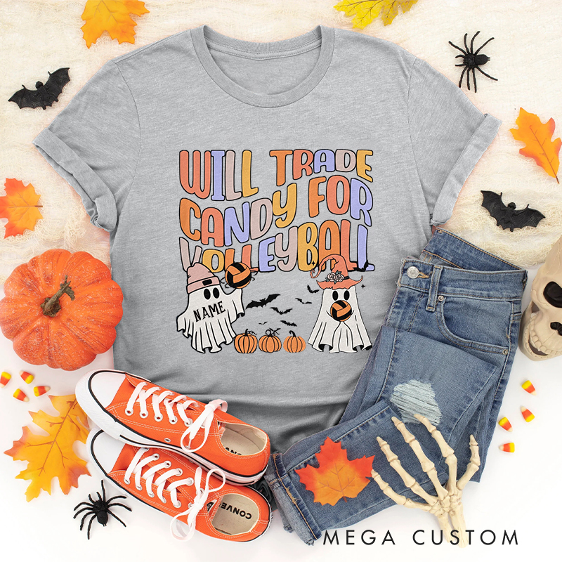  Personalized "Will Trade Candy for Volleyball" Shirt with Customizable Details 