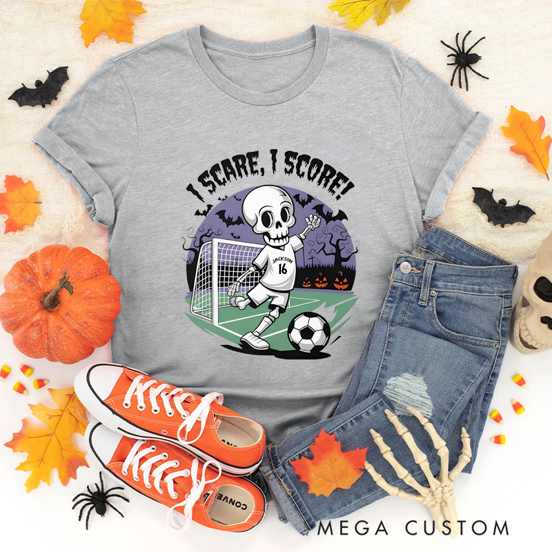 Personalized Halloween Soccer T-Shirt with Skeleton Design, Custom Name, and Number