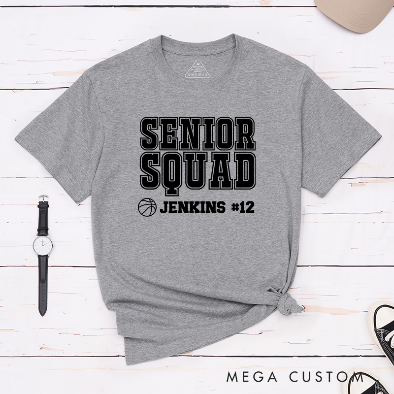 Personalized Senior Squad T-Shirt with Basketball Theme, Name and Number Customization