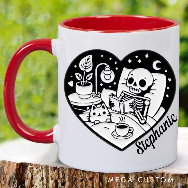 Personalized Skeleton Reading Book Mugs Custom Heart Shape Around Skeleton and Cat with Name Book Lover Gift Librarian Gift Halloween Gift