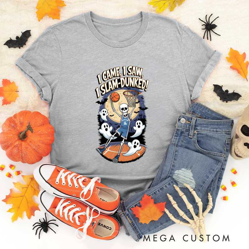 Personalized Halloween Basketball T-Shirt with Skeleton Design, Custom Name, and Number