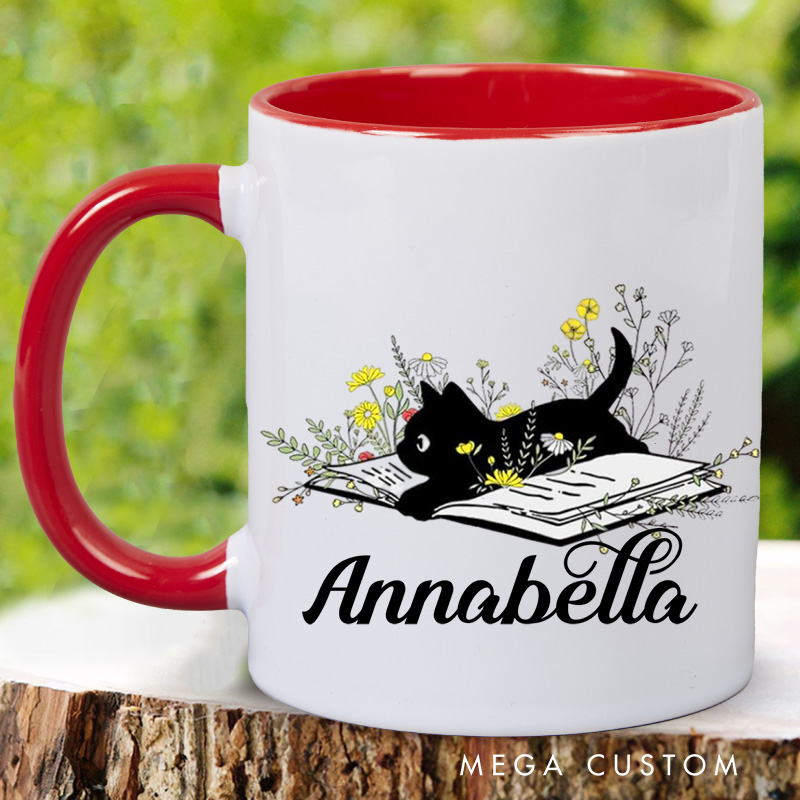 Personalized Black Cat and Book Mugs Custom Flower Book Coffee Mug with Name Librarian Mug Book Lover Gift Bookish Gift Librarian Gift