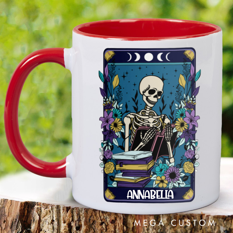 Personalized Skeleton Tarot Card Mugs Custom Skeleton Reader Coffee Mug with Name Halloween Librarian Mug Book Lover Gift for Bookish Halloween Gift