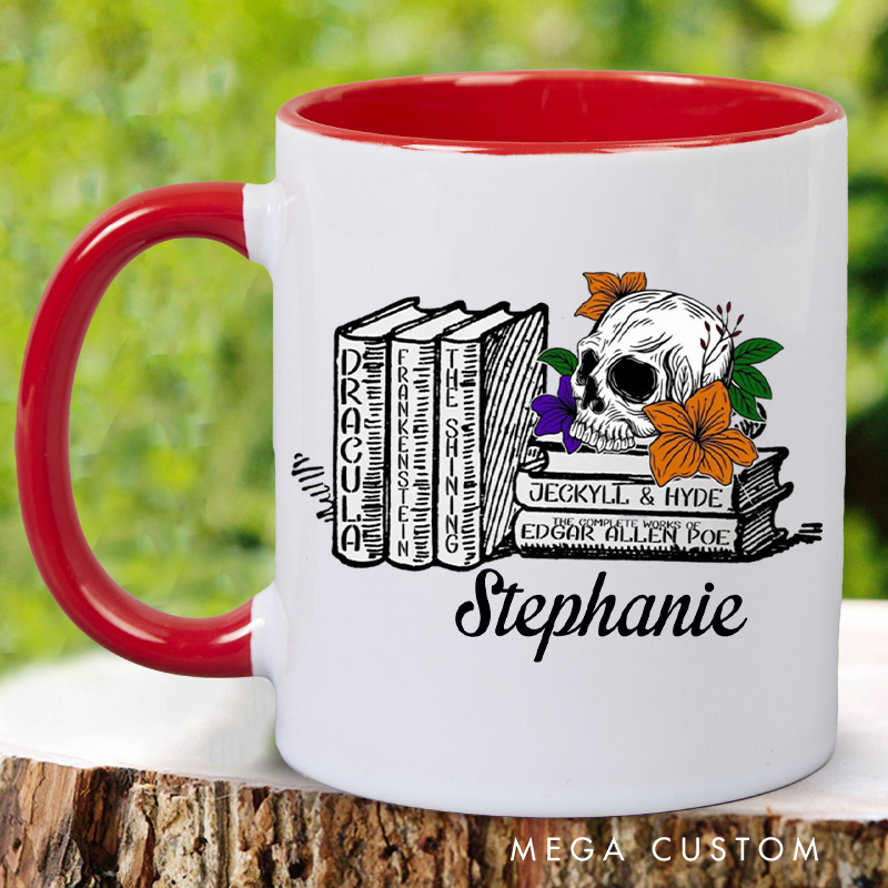 Personalized Spooky Book Mugs Custom Floral Skull Coffee Mug with Name Halloween Librarian Mug Book Lover Gift for Bookish Halloween Gift