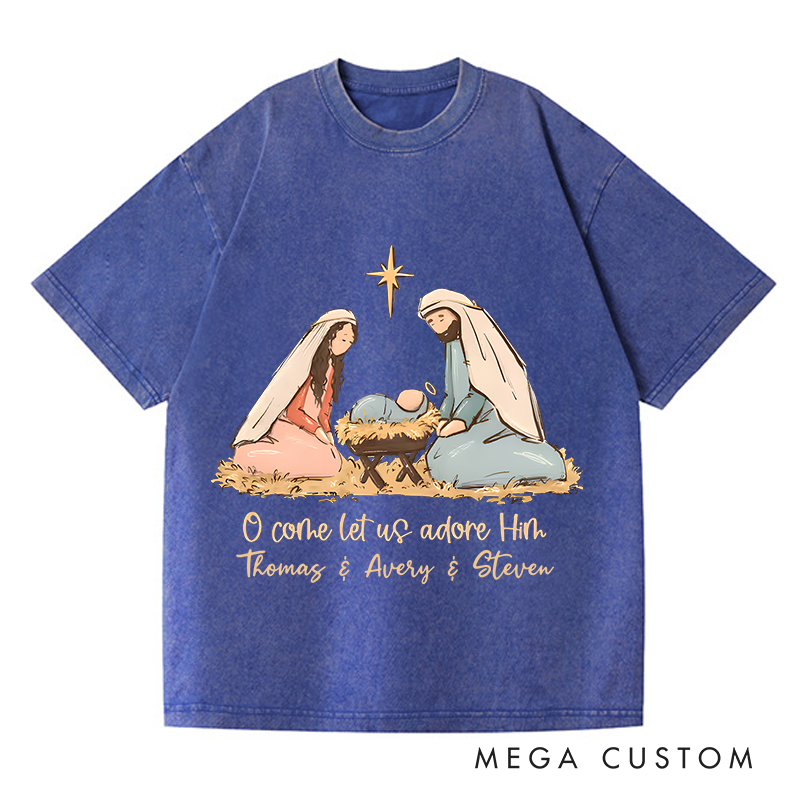 Personalized Washed T-Shirts O Come Let Us Adore Him Nativity Scene Inspirational T-Shirt