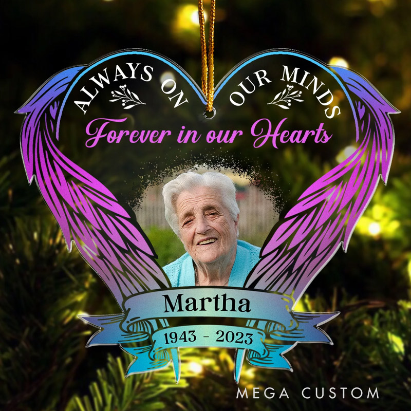 Personalized Memorial Photo Ornament Forever In Our Hearts Sympathy Keepsake Gift Custom Wings Shaped Acrylic Ornament Memorial Gift