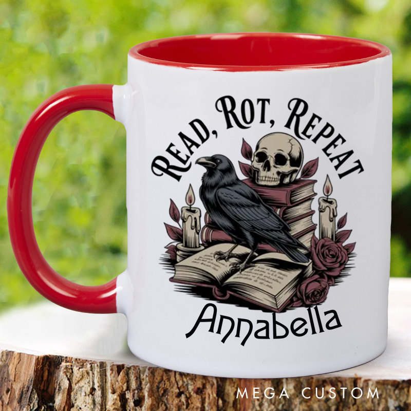 Personalized Read Rot Repeat Mugs Gothic Raven Skull Coffee Mug with Name Halloween Coffee Cup Book Lover Gift for Bookish Gift