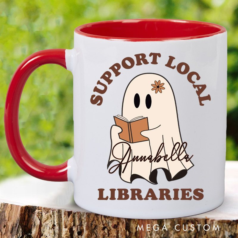 Personalized Support Local Libraries Mugs Custom Ghost Reading Coffee Mug with Name Librarian Mug Book Lover Gift for Bookish Gift
