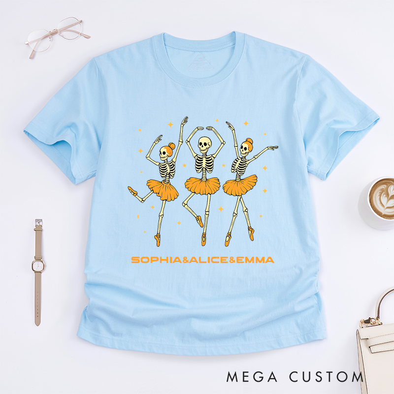 Personalized Skeleton Ballet Dancer T-Shirts Spooky Halloween Funny Dancing Skeletons Custom Name Gift for Ballet Lover Women Girls