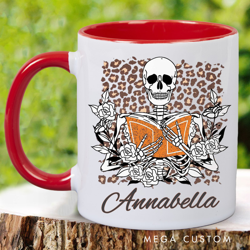 Personalized Skeleton Reading Mugs Custom Flower Skeleton Coffee Mug with Name Leopard Print Mug Book Lover Gift for Bookish Gift