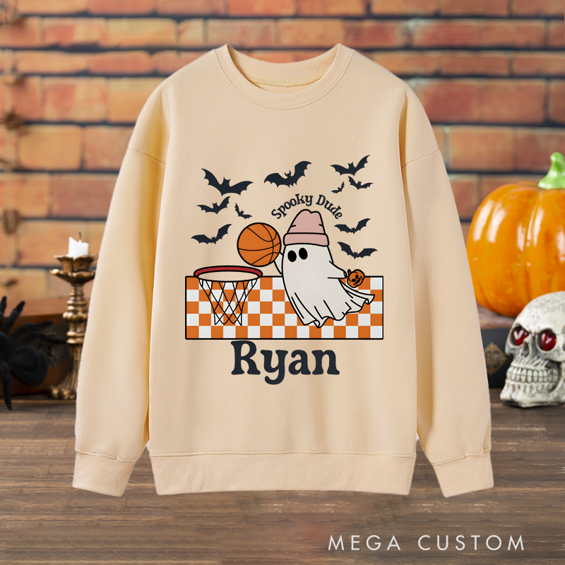 Personalized Halloween Sweatshirt with Ghost Basketball Design, Custom Name, and Spooky Details