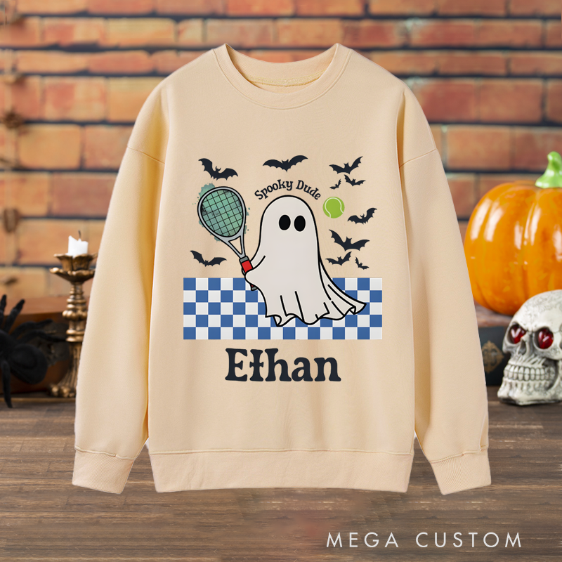 Personalized Halloween Sweatshirt with Ghost Tennis Design and Custom Name