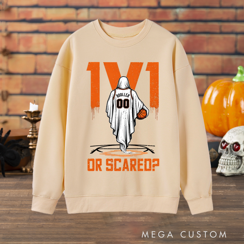 Personalized "1v1 or Scared?" Halloween Basketball Sweatshirt with Custom Name and Number