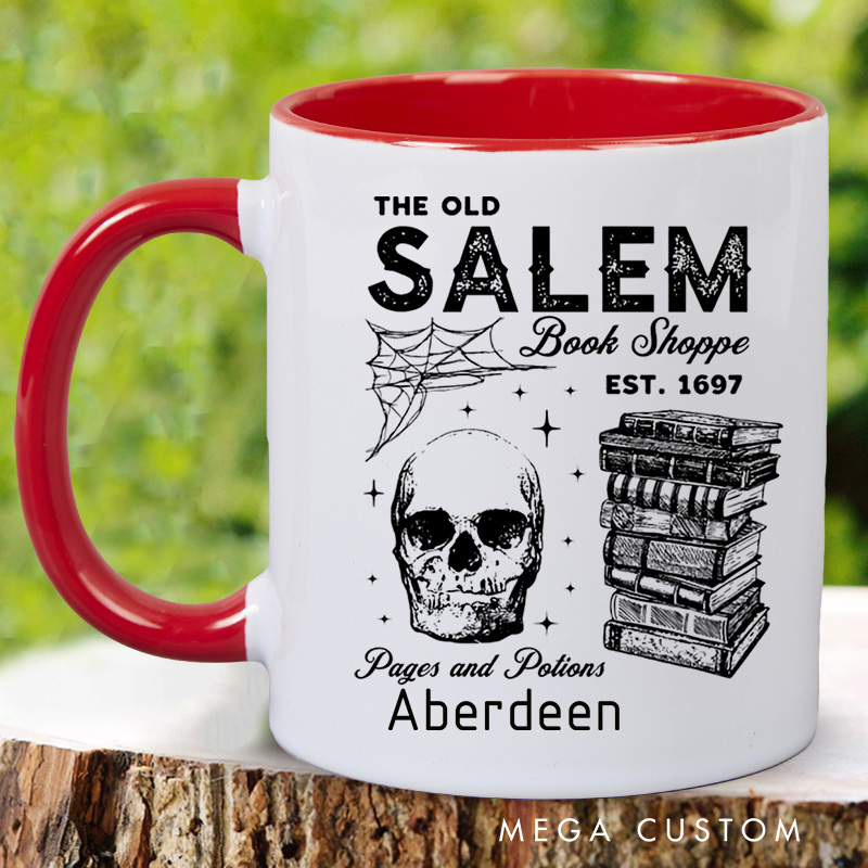 Personalized Salem Book Store Mugs Custom Skeleton and Book Coffee Mug with Name Halloween Spooky Mug Book Lover Gift for Halloween Gift