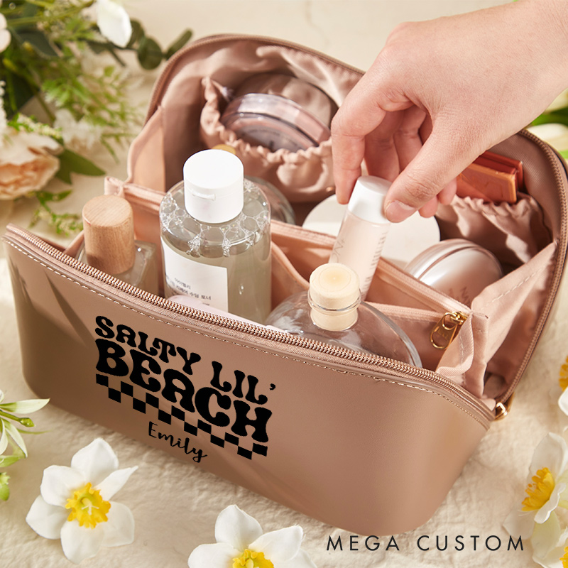 Personalized Salty Lil Beach Cosmetic Bag for Traveling Lovers Custom Travel Makeup Bag Leather Toiletry Bag for Her