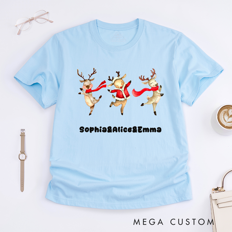 Personalized Christmas Reindeer T-Shirts Women Custom Name Cute Gift Unique Christmas Top for Girls Family Friends Outfit