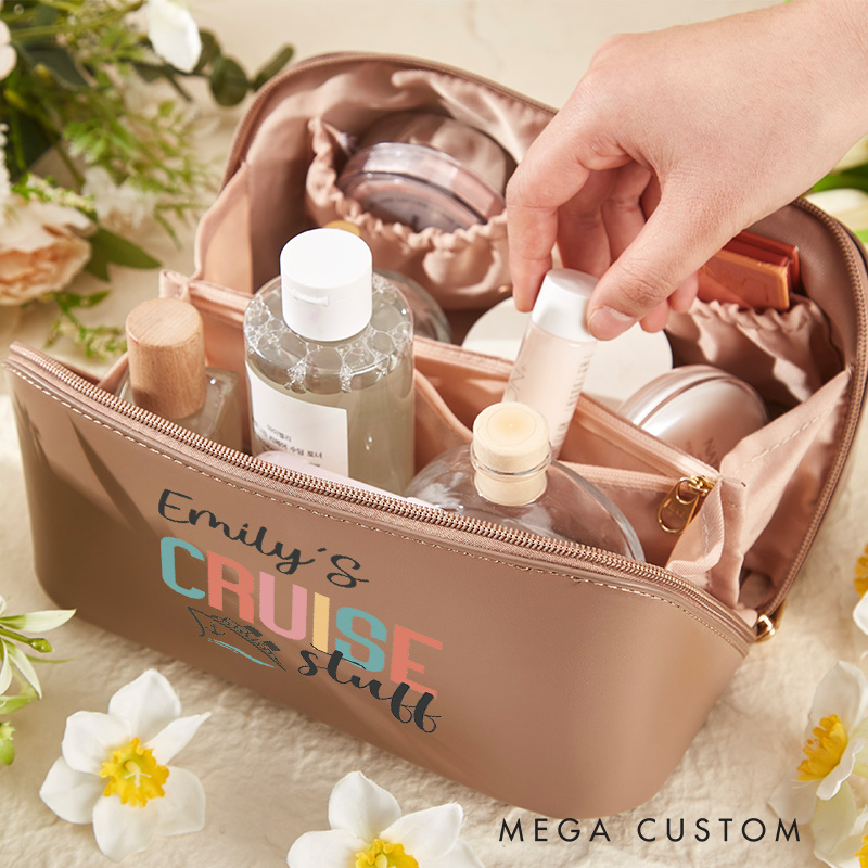 Personalized Cruise Stuff Cosmetic Bag for Traveling Lovers Custom Travel Makeup Bag Leather Toiletry Bag for Her