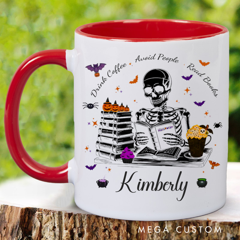 Personalized Drink Coffee Avoid People Read Books Mugs Custom Reading Skeleton Coffee Mug with Name Book Lover Gift for Halloween Gift