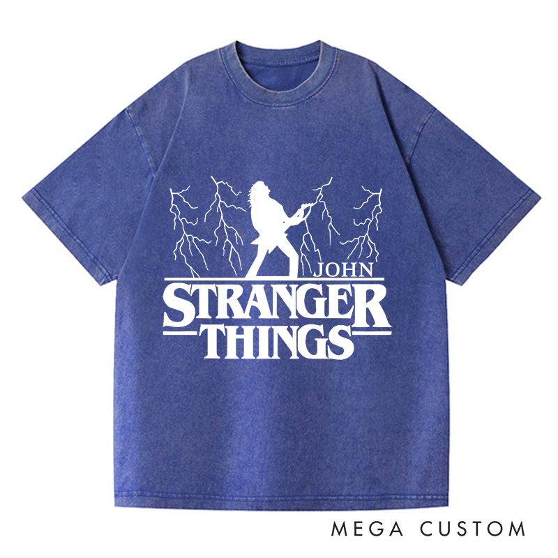 Personalized Washed T-Shirts Bold Guitarist and Lightning Unique and Dynamic T-Shirt