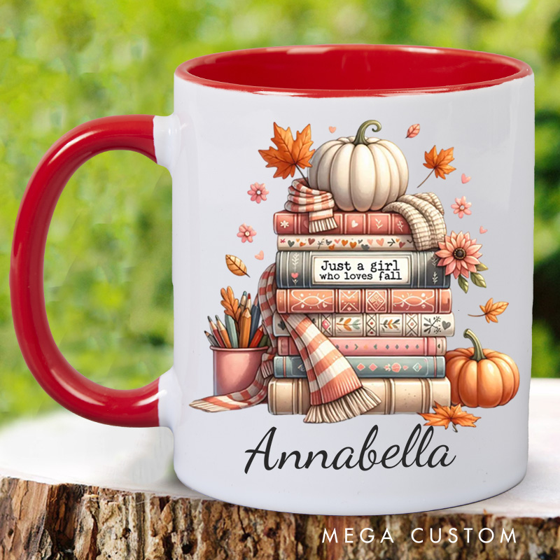 Personalized Just a Girl Who Loves Fall Mugs Custom Autumn Pumpkin Coffee Mug with Name Fall Book Lover Mug Book Lover Gift for Librarian Gift