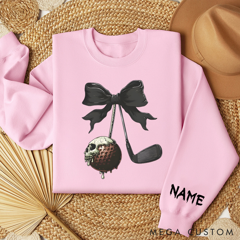 Personalized Halloween Golf Sweatshirt with Skull Ball and Bow Design  