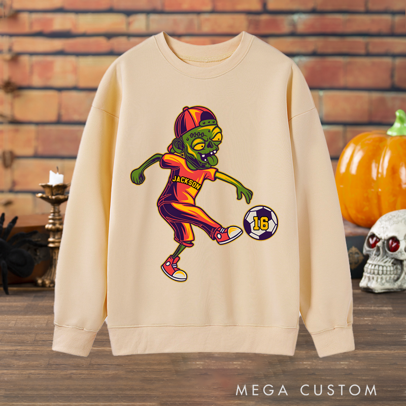 Personalized Halloween Sweatshirt with Zombie Soccer Player Design, Custom Name, and Number