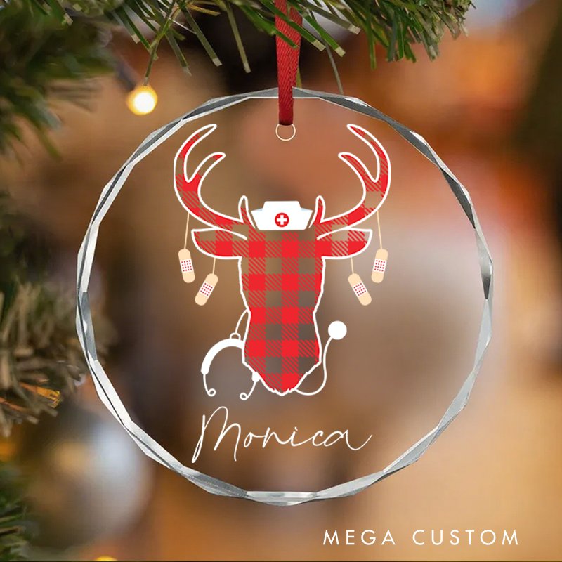 Personalized Nurse Christmas Glass Ornament Custom Buffalo Plaid Nurse Reindeer Design Christmas Gift for Nurses