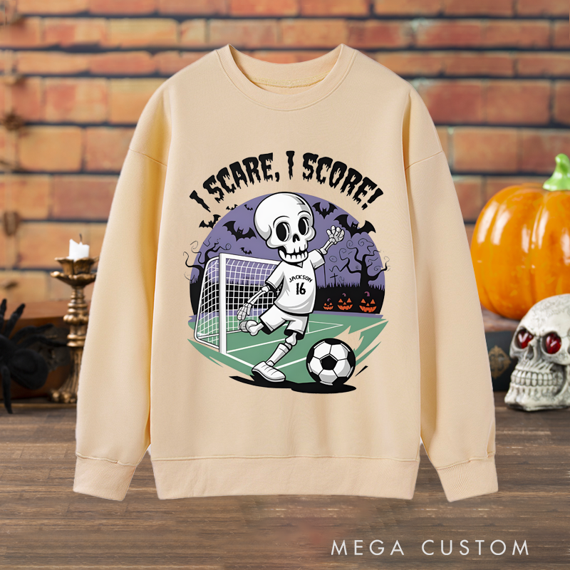 Personalized Halloween Soccer Sweatshirt with Skeleton Player Design, Custom Name, and Number