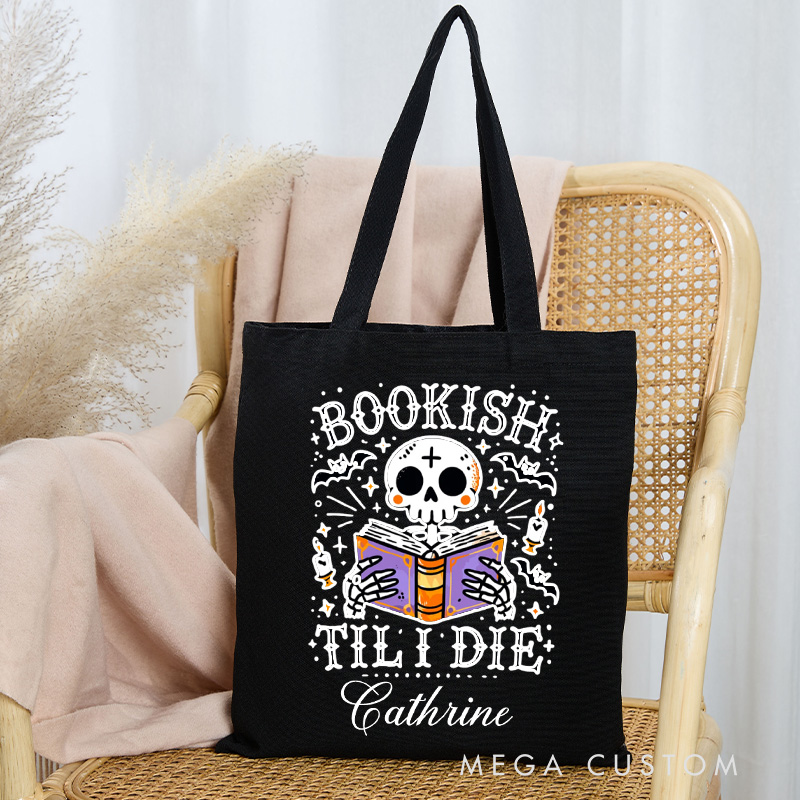 Personalized Bookish Till I Die Tote Bag Custom Reading Ghost Bag with Name Halloween Bat Totes Book Lover Halloween Gift Librarian Gift