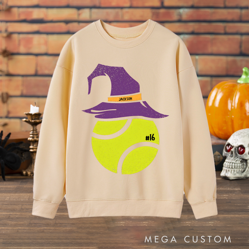 Personalized Halloween Tennis Sweatshirt with Witch Hat Design, Custom Name, and Number